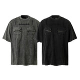 High Street Retro Workwear Zipper Pocket Decoration Washed Distressed Short Sleeve